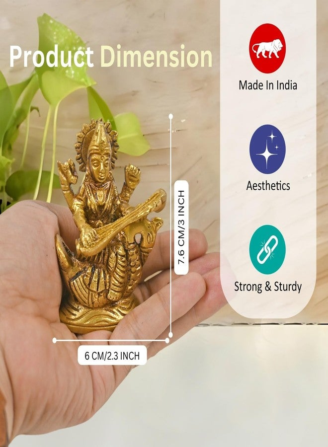 CRAFTHUT ELITE CRAFTHUT Brass Maa Saraswati Idol - 3Inch (275g) Goddess of Knowledge & Music Statue Sitting on Hans for Temple & Gift - Image 3